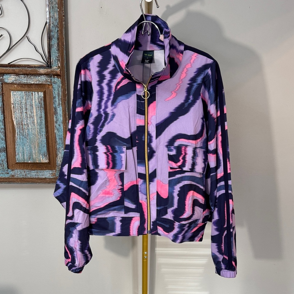 TEK GEAR Lavender & Navy tie dye gold Zip Jacket windbreaker EUC XL